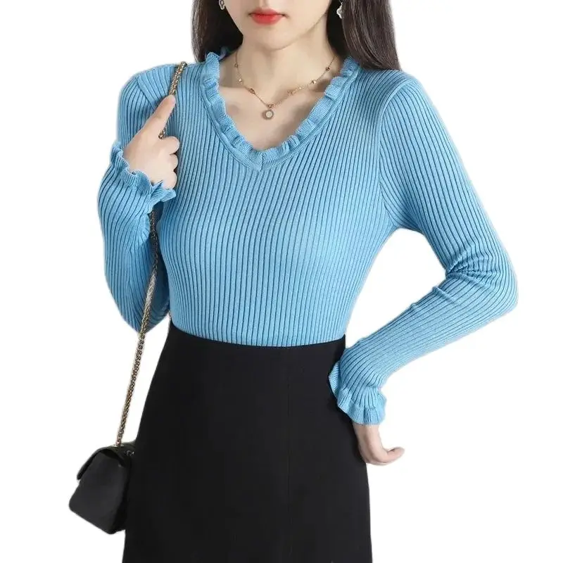 

Spring Autumn Short Pullover Sweater Women 2024 New Loose V-Neck Pure Colour Knitwear Fashion Bell-Bottomed Sleeve Top Female