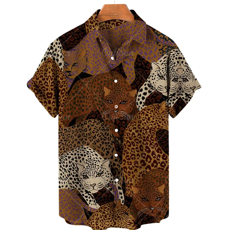 Animal Leopard Graphic Shirts for Men Clothing 3D Print Hawaiian Beach Shirts Short Sleeve y2k Tops Vintage Clothes Lapel Blouse