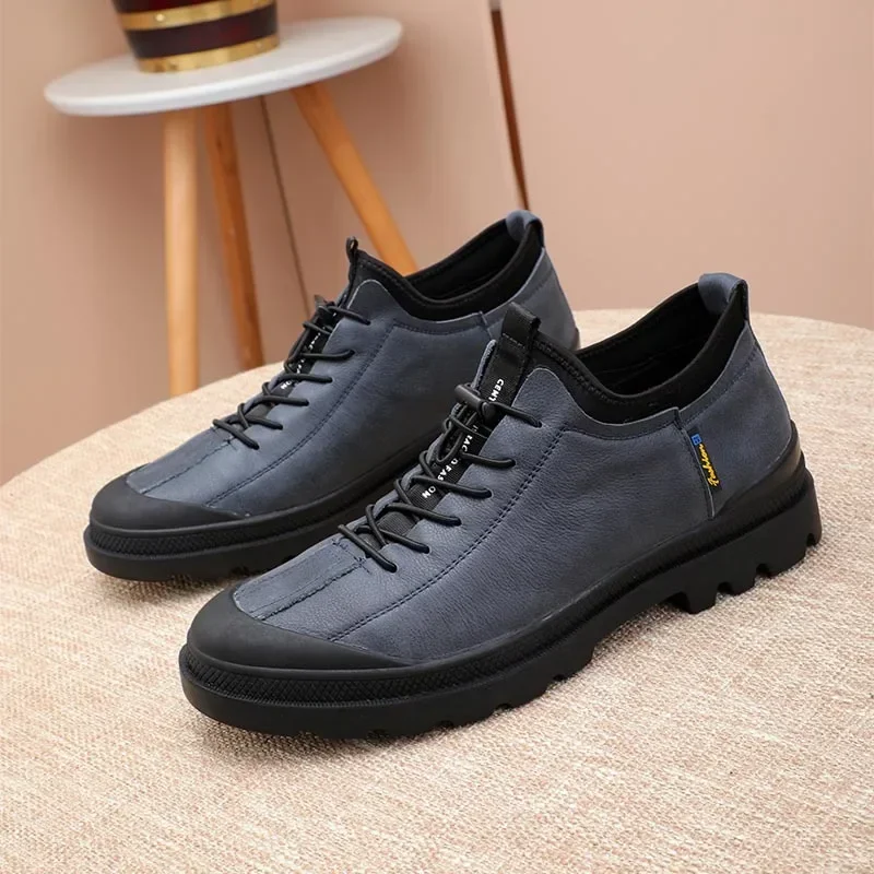 Elastic Band Genuine Leather Men Shoes Vintage Platform Wear-resistant Casual Shoes New Style Sewing Loafers Black Brown M8001