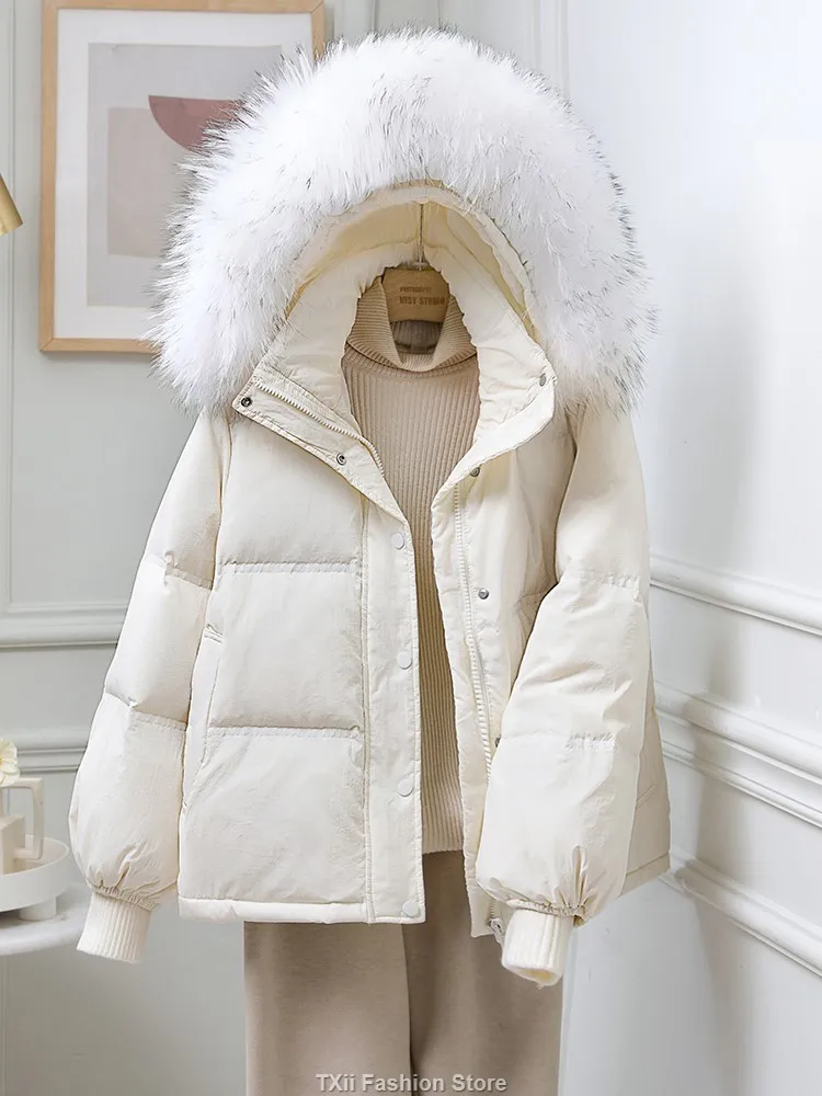 TXii 2023 Winter Women Natural Raccoon Fur White Duck Down Coat Female Hooded Warm Puffer Jacket Loose Parkas Snow Outwear