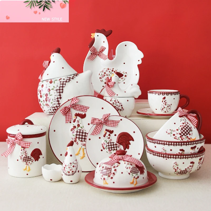

Европейский пасторальный стиль, красная цветочная курица, тарелка, набор чашек, трехмерная рельефная посуда, креативная десертная тарелка в западном стиле