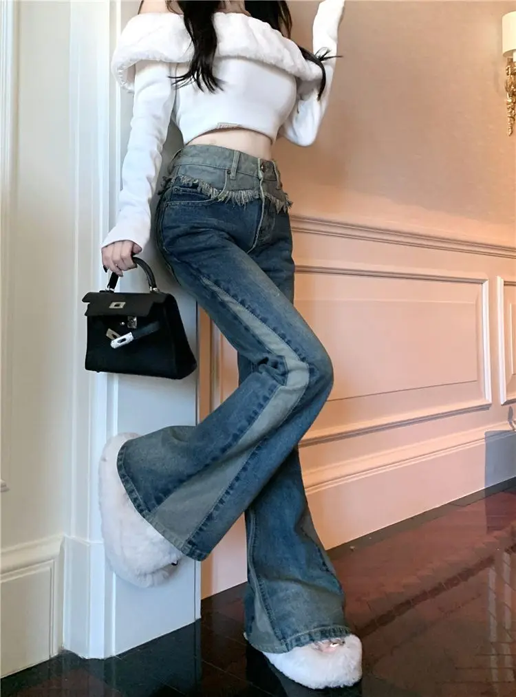 High-Waisted Retro Spliced ​​High-Sided Jeans Women Summer Slimming New Color-Blocking Casual Flared Trousers