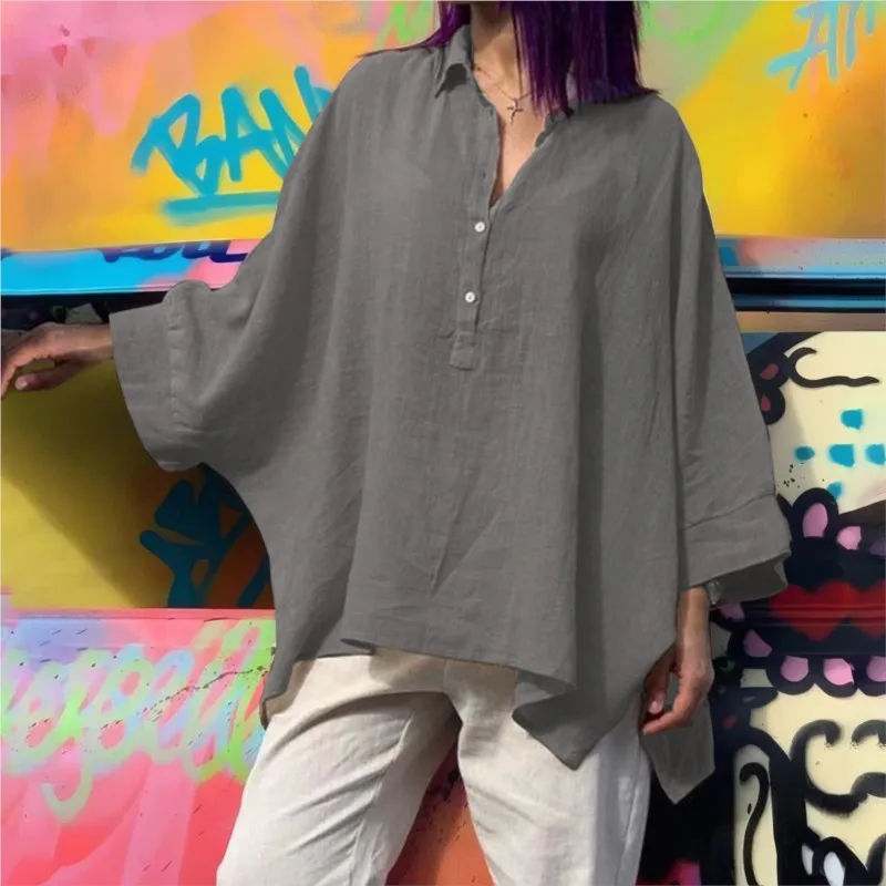 Kemeja Linen Katun Longgar Wanita; Atasan Besar Lengan Sayap Kelelawar Modis Blus Warna Polos Kasual Musim Semi Musim Gugur dan Atasan Wanita