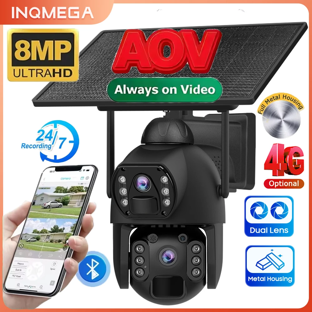 

INQMEGA AOV Солнечная HD-камера 8 МП с двумя объективами, экраном, поддержкой 4G SIM, PTZ, цветным ночным видением, двусторонней связью, мобильным отслеживанием, IP CCTV