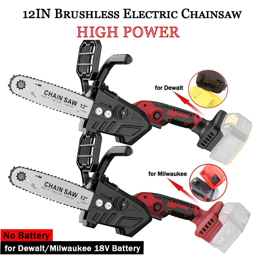 12IN Brushless Electric Chainsaw 2000W High Power Garden Cordless Wood Cutting Logging Saw Fit Dewalt/Milwaukee 18V Battery