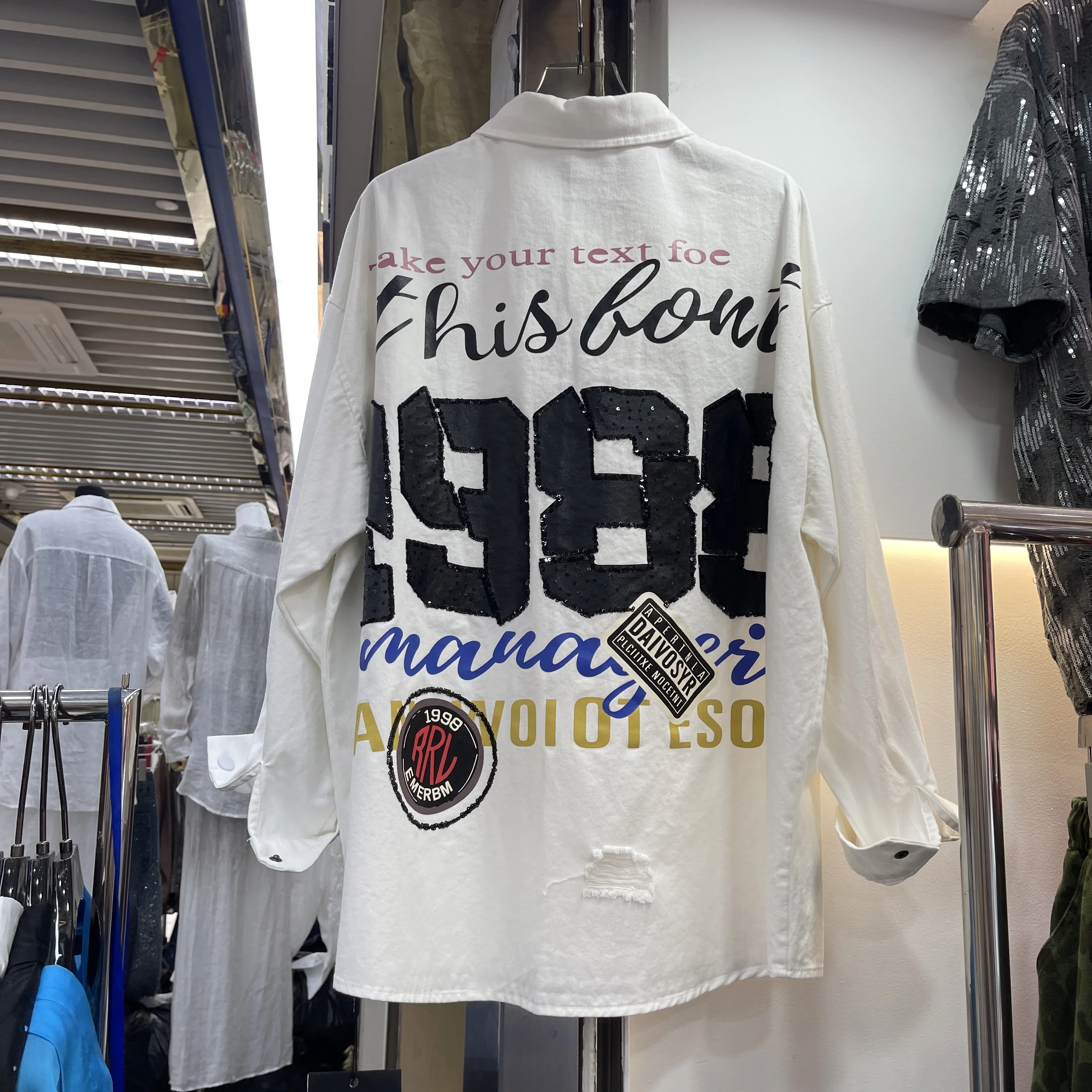 Trendy Brand Shirt Women's Street Style Loose Sequin Print Long Sleeve Cardigan Oversize Jacket Ripped POLO Neck Button Top