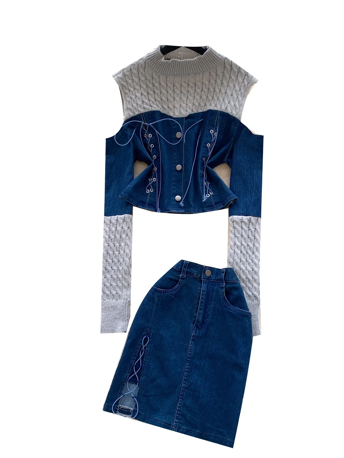 Faionable Knitted Denim Patchwork Belted Two-Piece Set Women's New Autumn High Waist Straight Leg Pants And Top Ensemble