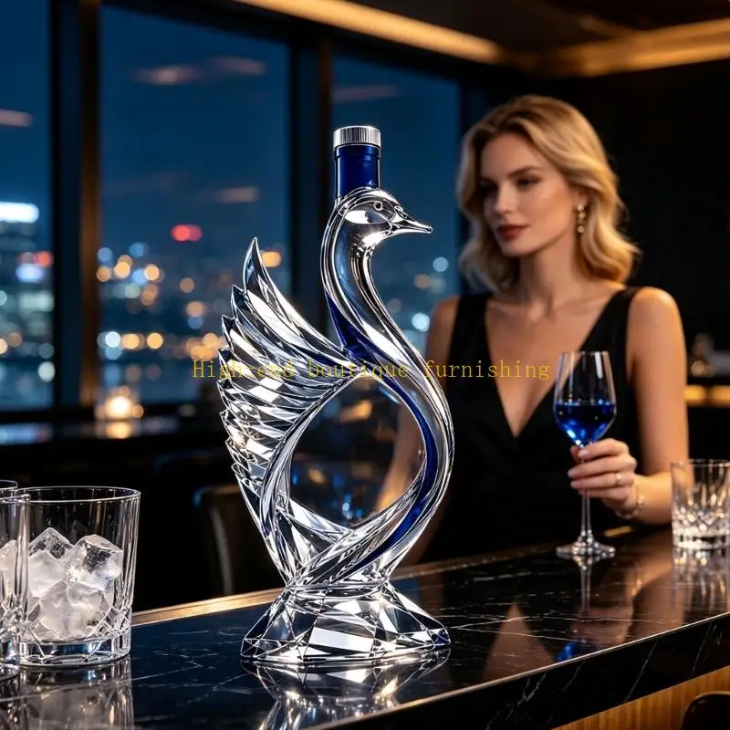 L9NB Glass Liquor Bottle With Bird and Clear Profile, Blue Neck Cap for Vodka Storage in a Bar Cabinet or Dining Area Beverage
