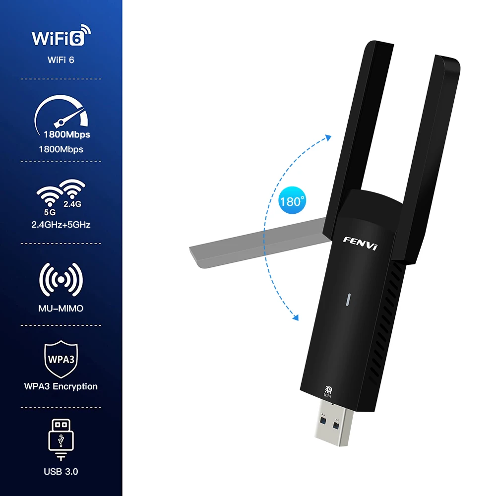 Wi-Fi 6 USB 3.0 1800Mbps Wireless Adapter AX1800 Network Card Lan WiFi Dongle Dual Band 2.4G/5GHz For Laptop/PC Windows 7/10/11