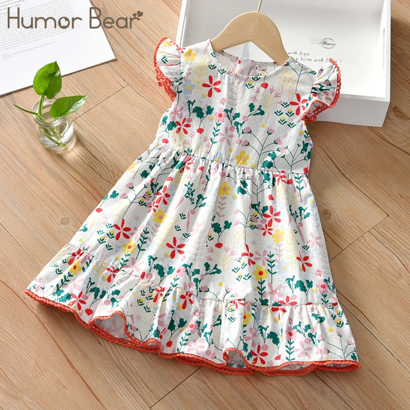 Humor Bear Girls Dress Flying Sleeve  Summer Children Princess Dresses Kids Clothes Cotton Floarl Dress