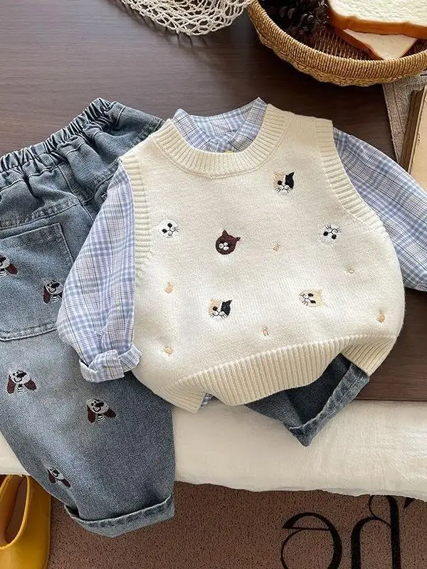 

Korean Sle Boys' Outfit 2025 Autumn New Faionable Sweater Vest irt Denim Jeans Tee-piece Set Long Sve Rabbit Fur
