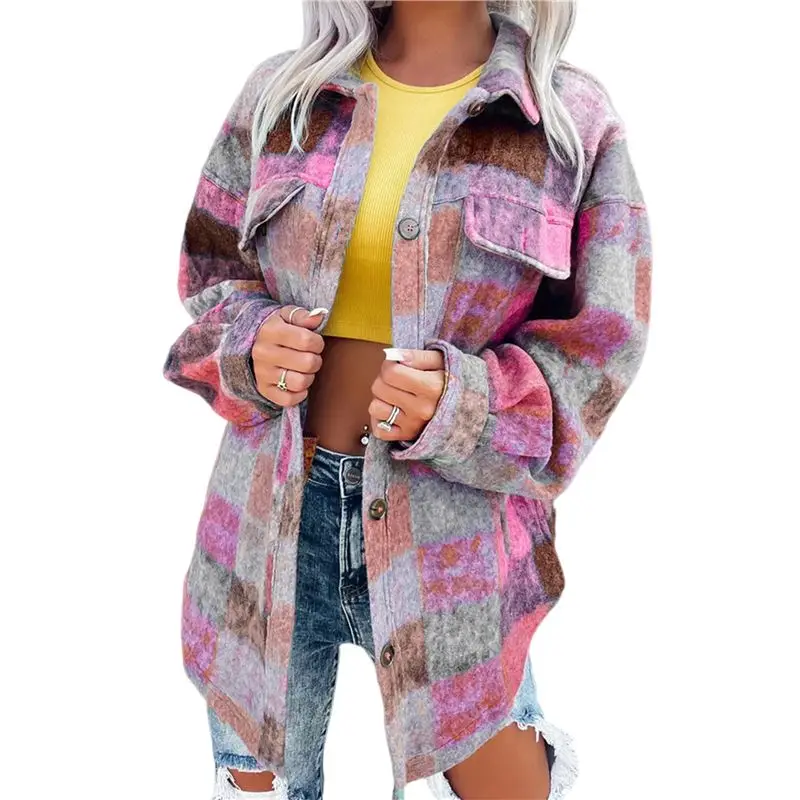 

CYL-Women's Flannel Plaid Shirts Printed Casual Fashion Lapel Long Sleeve Jacket Button Plaid Long Sleeve Jacket