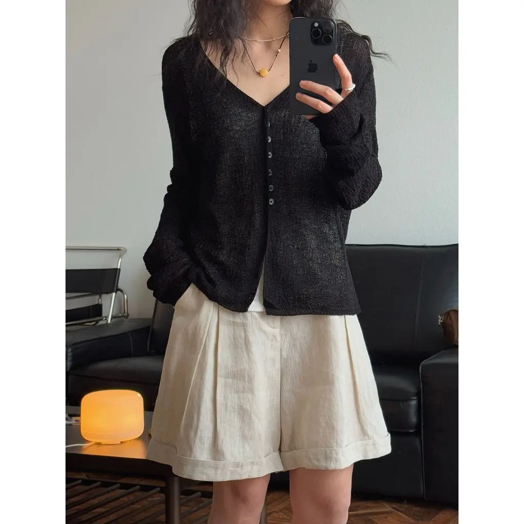 

Женская трикотажная рубашка в корейском стиле с v-образным вырезом, облегающий дышащий топ с кондиционером, весна-лето, полый солнцезащитный крем, ленивая форма