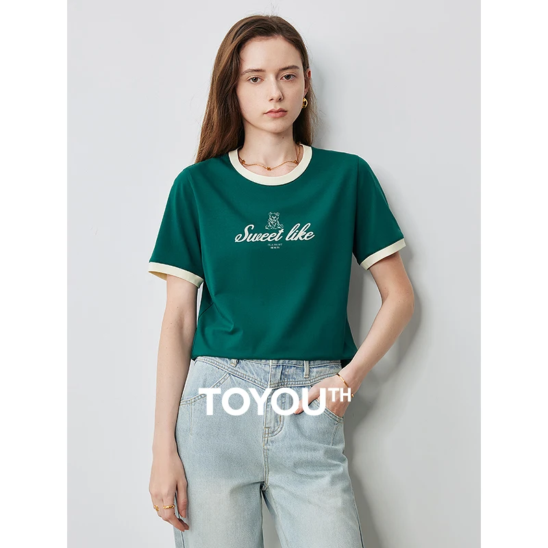 TOYOUTH Women T-shirt 2024 Summer New Antibacterial American Letter Printed Contrast Color Cotton Tops