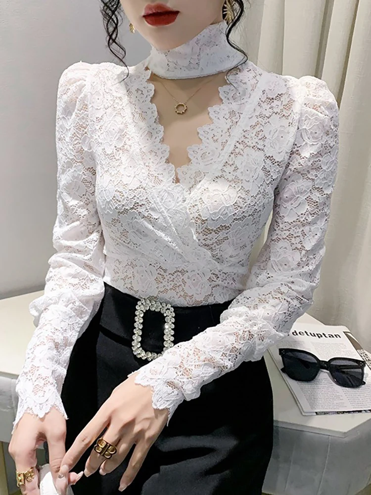 Autumn Spring Halter V Neck Lace T-shirt Women Full Puff Sleeve Stretch Hollow Out Cropped T Shirts Tops For Female BH1813