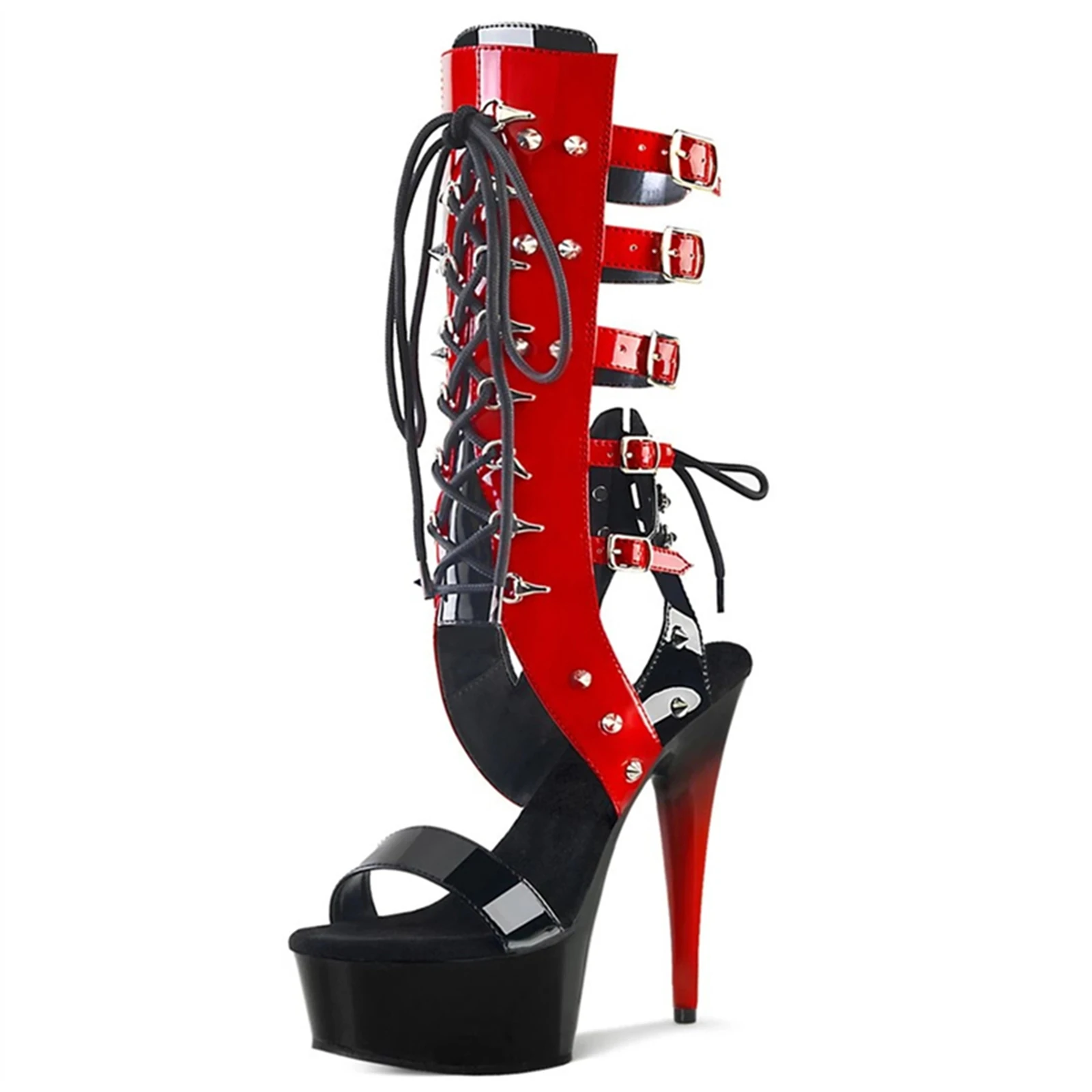 

​Biker Punk Statement Boots 15CM, Red Black Color Block Thigh High Boots with Studded Details, Dominant Stage Performance Wear