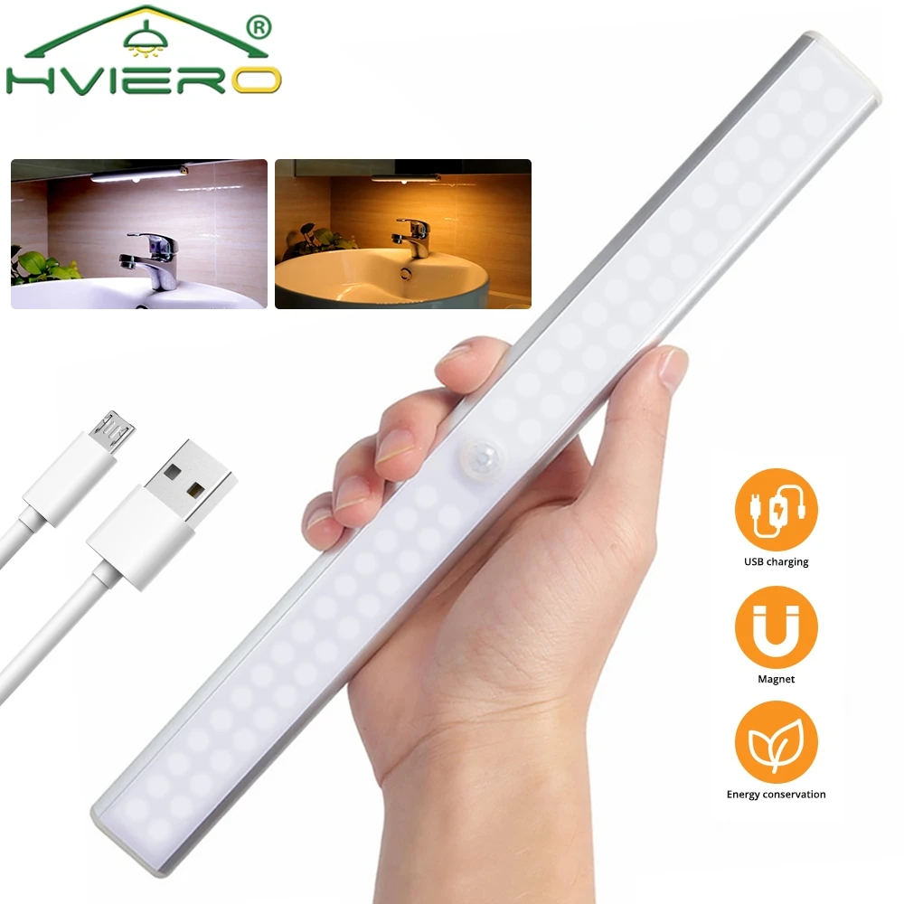 Cabinet Night Light Wireless LED USB Charging PIR Motion Sensor Lamp Cupboard Kitchen Smart Perception Closet Stairs Bookcase