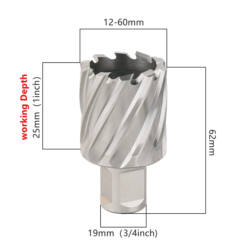 Versery 12-60X25mm HSS Annular Cutter Core Drill Bit 19mm Weldon Shank Hollow Hole Saw Cutter For Metal Steel Cutting Tool