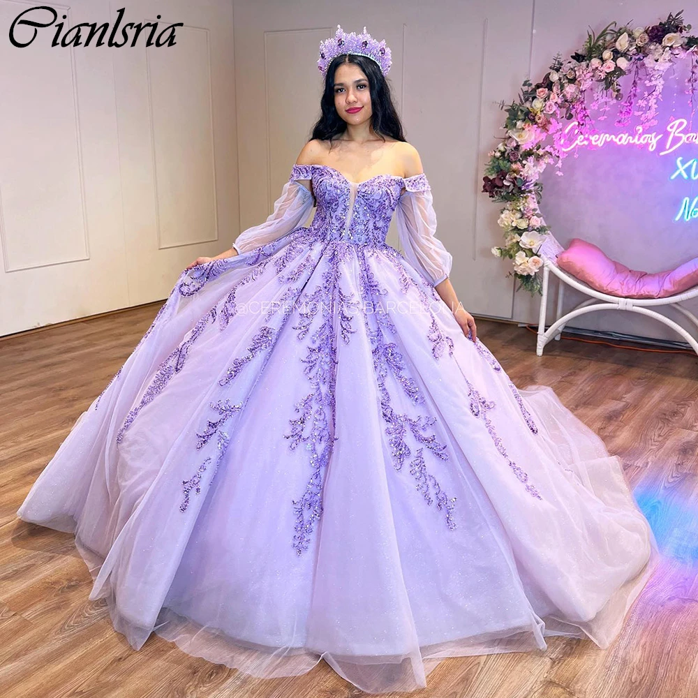 

Lilac Long Sleeve Beading Crystal Ball Gown Quinceanera Dresses Off The Shoulder Sequined Appliques Corset Vestidos De 15 Años