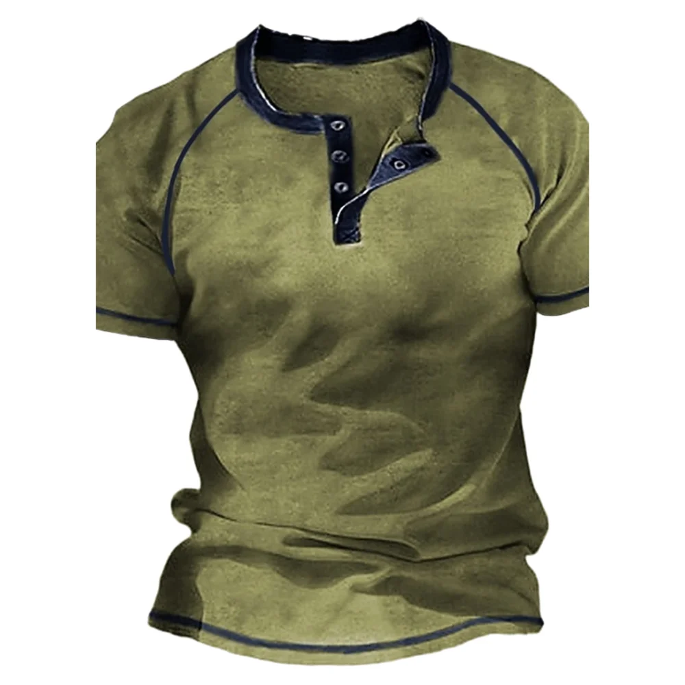 تي شيرت رجالي من Henley صيفي بأزرار جرافيك عادي بطباعة ثلاثية الأبعاد ملابس غير رسمية بأكمام قصيرة ملابس علوية كبيرة الحجم ملابس الشارع