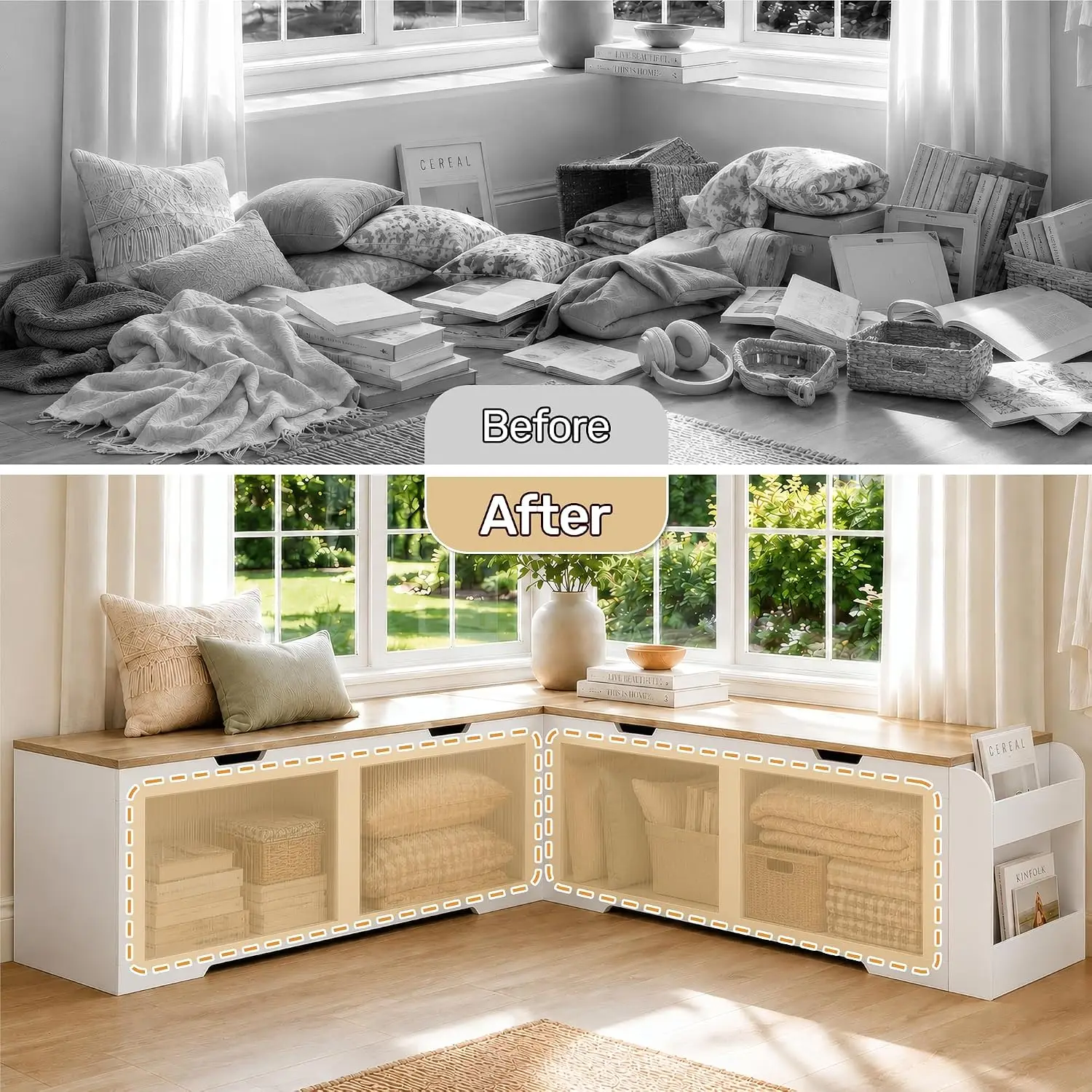 L-Shaped Storage Bench, Breakfast Nook Corner Bench with Storage