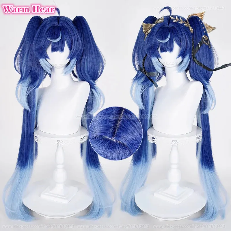 วิกผมคอสเพลย์อนิเมะ Zizi 2025 Game Iuno แบบสังเคราะห์ยาว 100 ซม. สีน้ำเงินไล่ระดับ หางม้าคู่ ทนความร้อน สำหรับฮาโลวีน