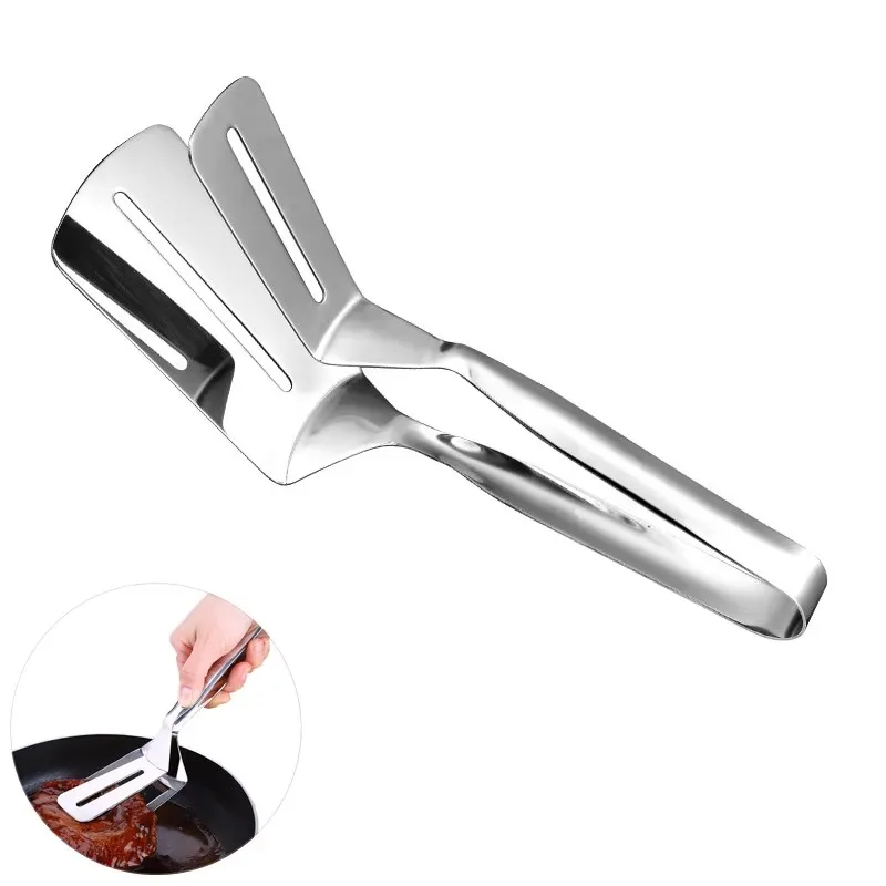 

1 Piece 2 in 1 Multipurpose Gripper Bread Clip Stainless Steel Fried Steak Clamp Barbecue Tongs Beefsteak Turner YY030