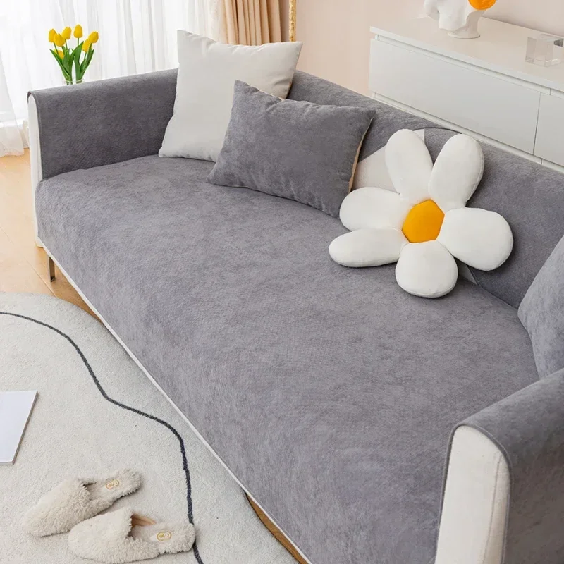 Solid Color Sofa Cover Anti Cat Paw Sofa Cover New Chenille Sofa Cushion Four Seasons Universal Waterproof Non-slip Couch Mat