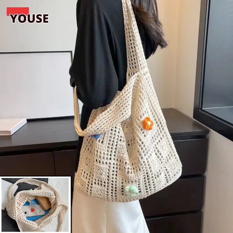 

Designer Flower Hollow Woven Shoulder Bags Knitted Handbags Female Large Capacity Totes Women's Pack Summer Beach Bag Purses