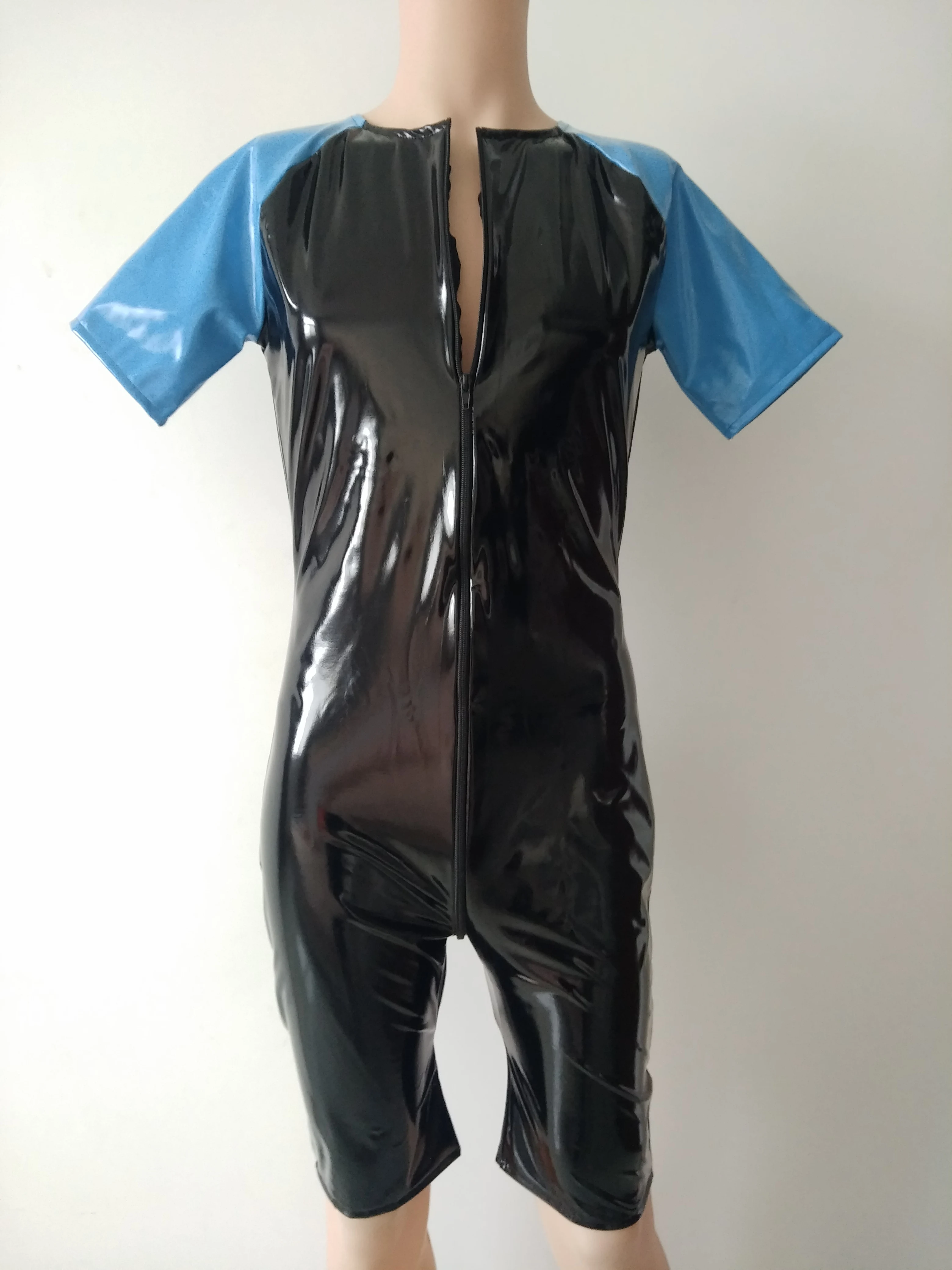 Costume Catsuit en Faux cuir PVC pour hommes, bleu lac et noir, collants, combinaisons simples, Cool, 3 voies, fermeture éclair avant à la hanche