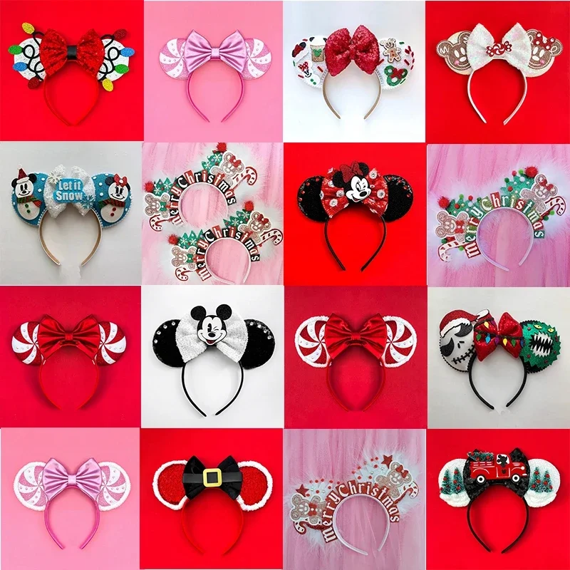 

Disney Christmas Mickey Headbands Women Silent Night Hair Accessories Girl Minnie Mouse Hairbands Sequins Bow Headwear Kids Gift