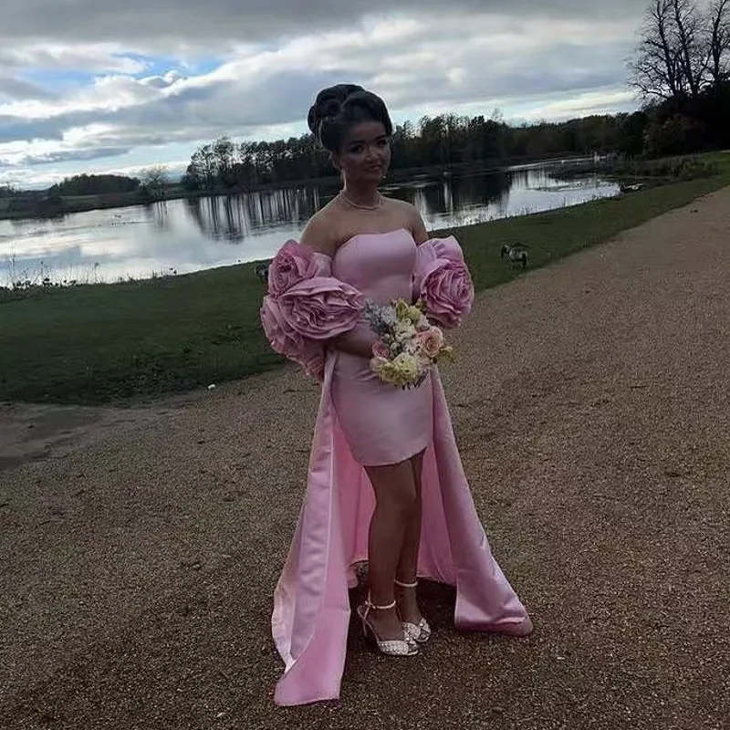 2 Pieces Women Dresses with Robe Special Design Floral Sleeve Prom Gowns Floral Pleated Pink Party Dress Satin Floor Length