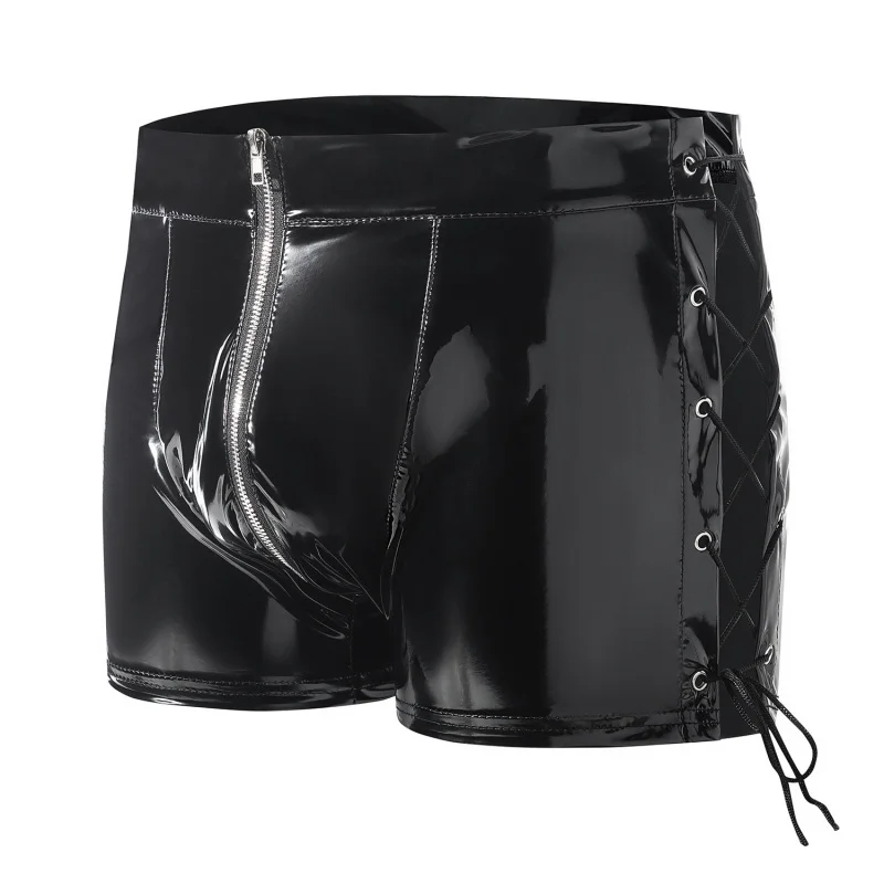 Cross-Border Products MenPVCGlossy Leather Boxer Shorts Sexy Zipper Crotchless Leather Shorts Accurate Size