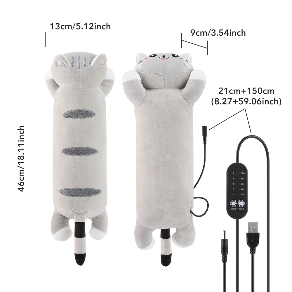 Heated Cat Plush Pillow, USB Rechargeable Warming Cushion with 5 Heat Levels & 5 Timers, Cozy Cute Gift for Her, Home Office Bed - view 6