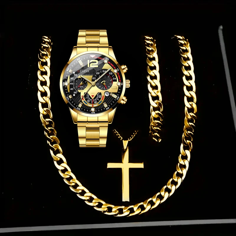 4pcs Business Watch Men's Fashion Quartz Watch with Necklace and Bracelet Set Suitable for Daily Wear and Holiday Gifts