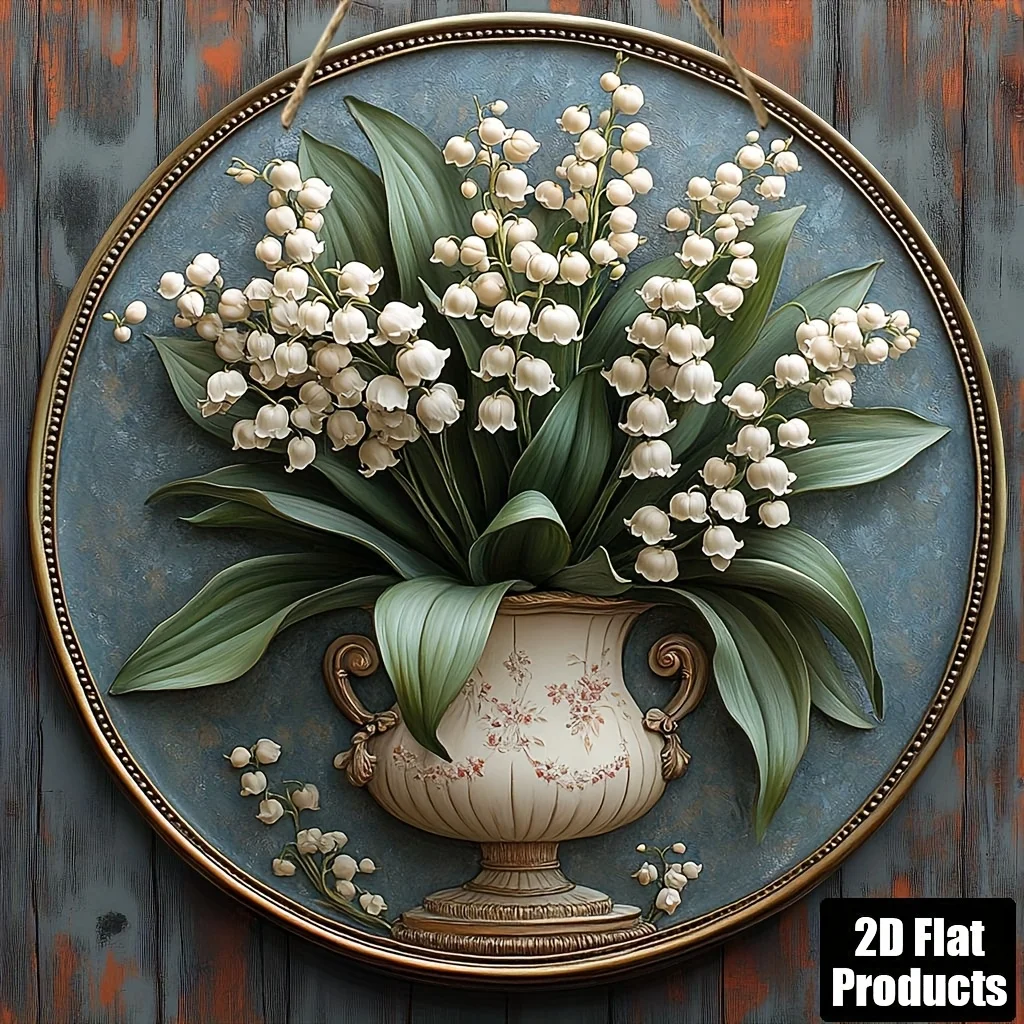 2D Flat - [Home Relaxation] Vintage Lily of the Valley Wall Art, 8x8 Inch Round Wooden Plaque, Rustic Floral Decor for Home, Kit