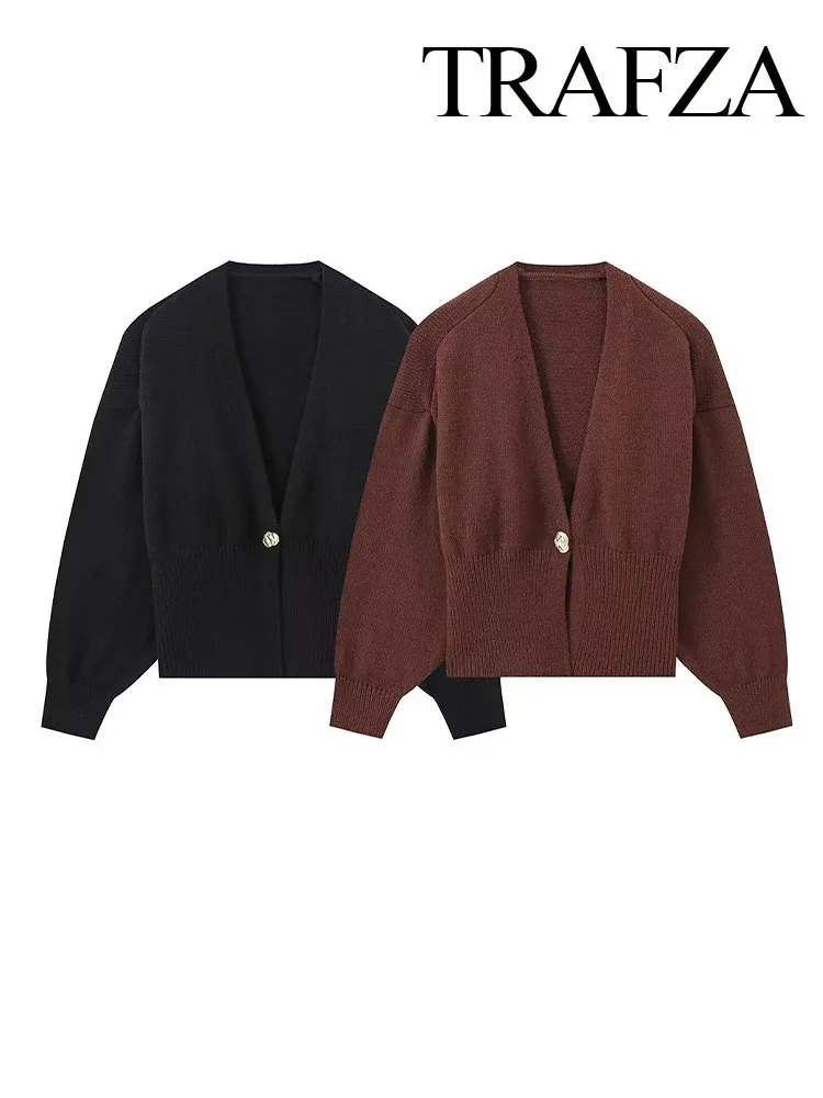 TRAFZA Women Autumn Solid Single Button Deep V-Neck Knitted Cardigan Woman Long Sleeves Slim Casual Sweater High Street Coat