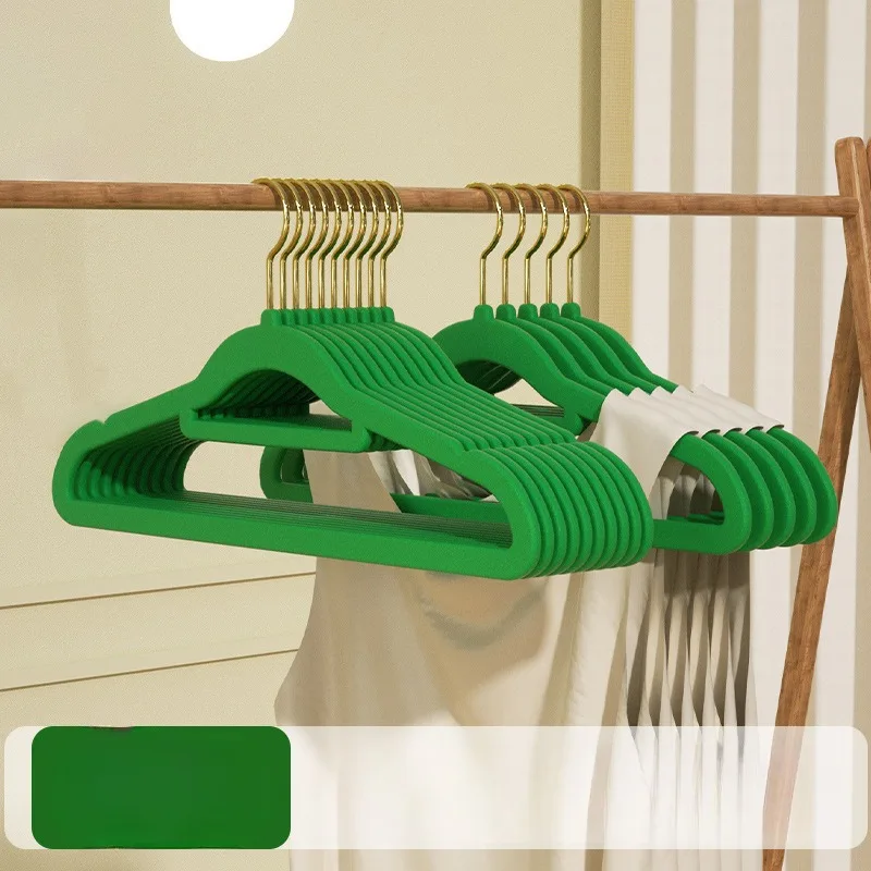 

10pcs Space Saving Adult Seamless Flocking New Golden Hook Flocking Hanger Dry and Wet Bedroom Wardrobe Storage Magic Hanger