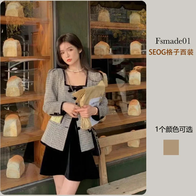 Niche design bow plaid suit jacket woman coat  traf mujer