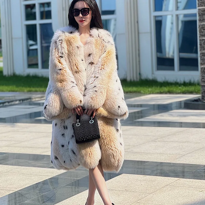 2024New V-Neck Spotted Fox Fur Flare sleeve Coats Women Winter Warm Outerwear High Quality Genuine Fox Fur Thick Fur Coat