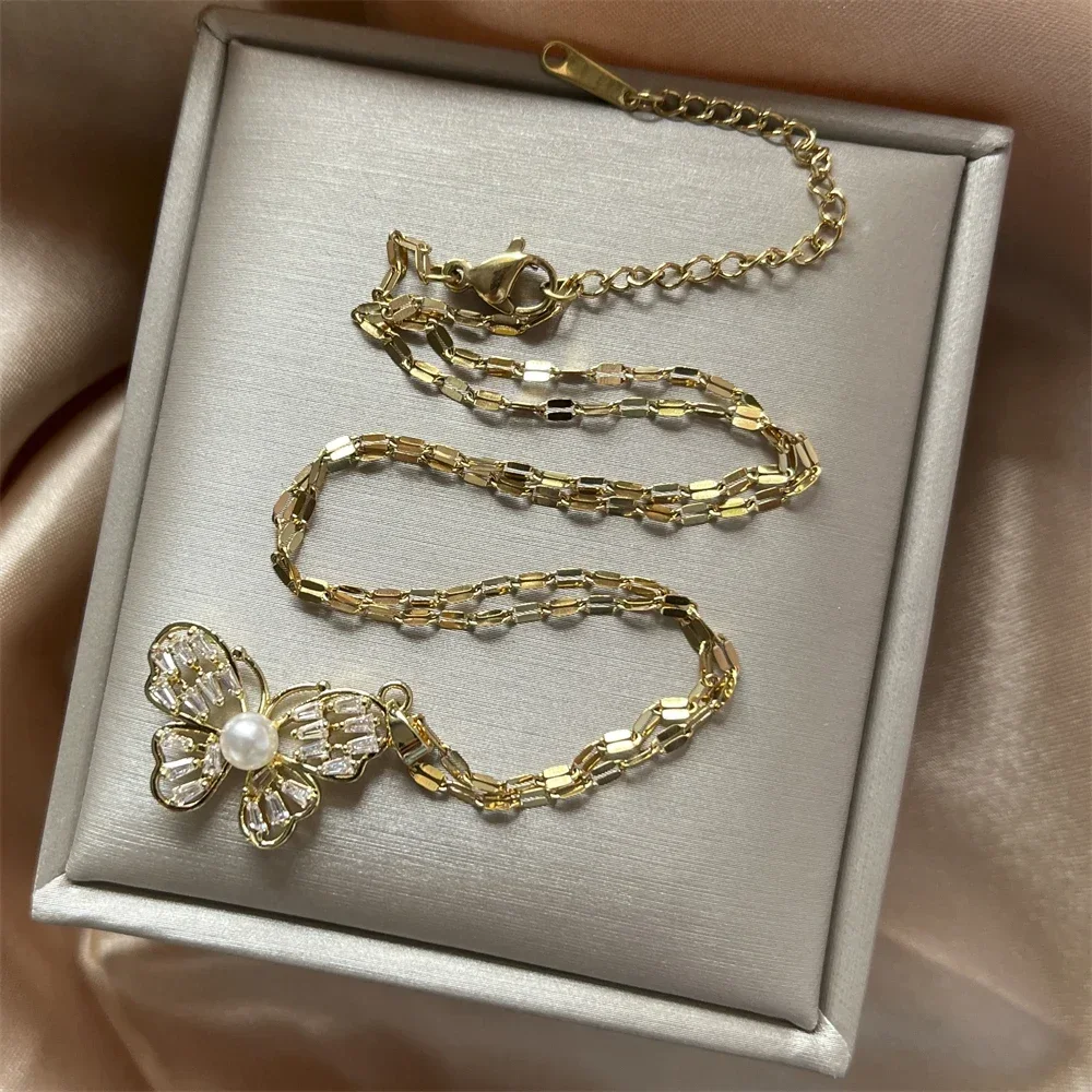 Zircon Butterfly Pendant Necklace For Women Gold Color Stainless Steel Necklaces Couple Aesthetic Jewelry Drophipping Items BFF