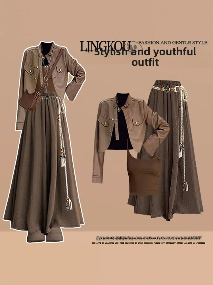 

Women's Western Sle Tee-Piece Set with Wide Leg Pants And Belted Jaet Casual Autumn Faion High Waist Skirt