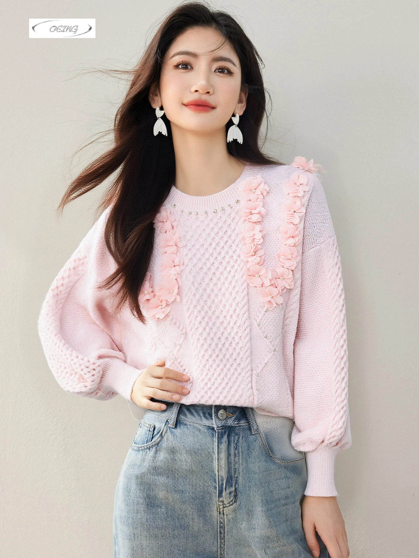 

Beading Flowers Long Sleeve O-neck Pink Knitted Pullover Sweater Women Tops Autumn Winter Sweet Elegant Jumper Knitwear 9727