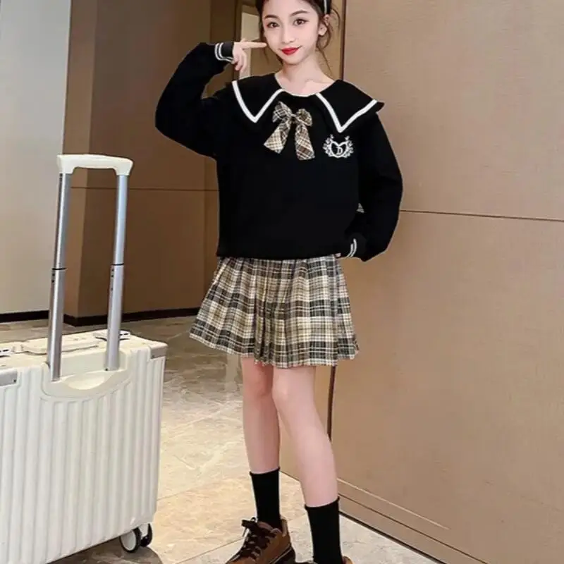 

Kawaii модный комплект с юбкой-пуловером для девочек, студенческий осенний повседневный топ с матросским воротником, плиссированная юбка, комплект из 2 предметов, детская одежда