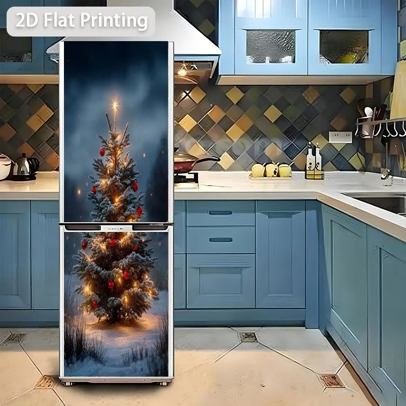 1pc of 2D Flat Design Refrigerator Sticker, 60×180 Cm, Christmas Tree in a Snowy Night, Self-Adhesive Wall Decoration Wallpape
