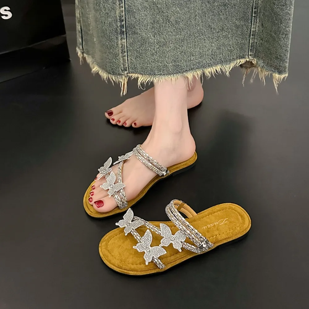 

Shoes Flash Slide Summer Women Slippers Flat Bottom Beach Luxury 2024 Rubber PU Crystal Comfortable Thick Sole Sandals