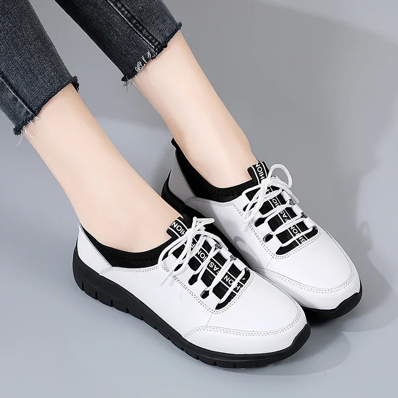 2024 Hot Seller New Sneakers Women Shoes Platform Loafers Lace Up Leather Flats Trend Spring Casual Mom Shoe Uxst