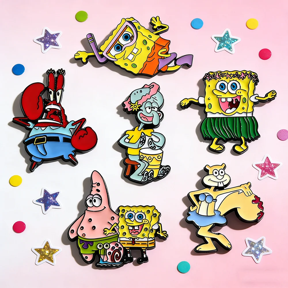 6pcs SpongeBob Enamel Pin Set Cartoon Brooches Metal Badges for Backpack Clothing Jewelry Collection Holiday Gift for Friends