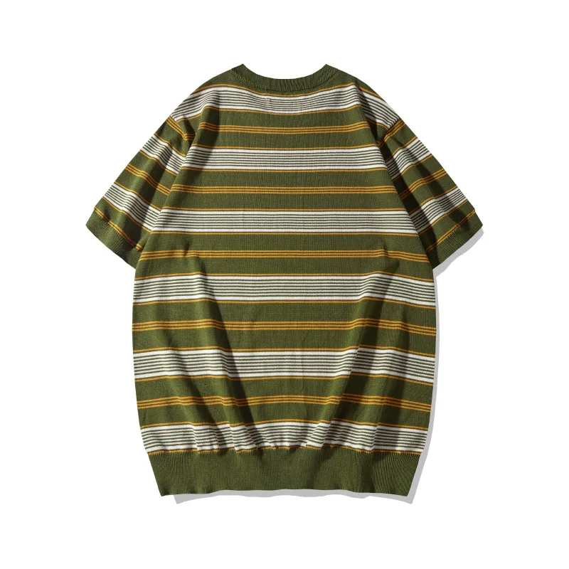 Spring/Summer New Men's Thick Heavy Knitted Stripe T-shirt Simple Daily Round Neck Pullover T-shirt