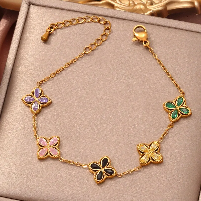

18-каратный позолоченный браслет Lucky Clover для женщин, модная роскошная цепочка из нержавеющей стали с четырьмя листьями и растениями, ювелирные изделия, не выцветающие бижутерия